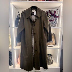 Pre Owned SEZANE Sz 42 Olive Green Trench Jacket Coat w/ Plaid Lining